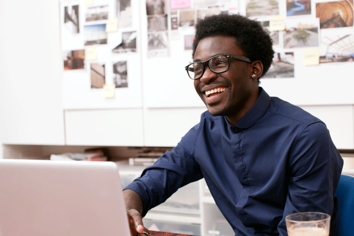 A photo of someone in an office taking an important virtual business call.