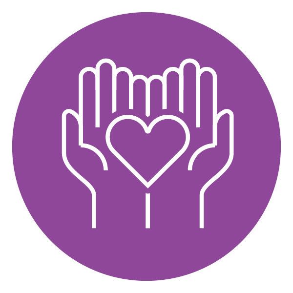 A purple icon of hands holding a heart.