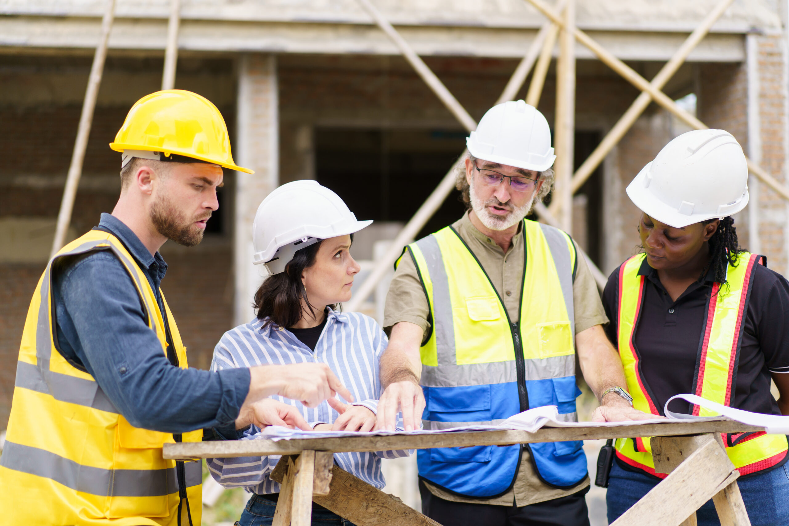 Team of construction contractor talking - discussing about the building plan together at construction site. Diverse ethnicity construction workers working together at construction site.